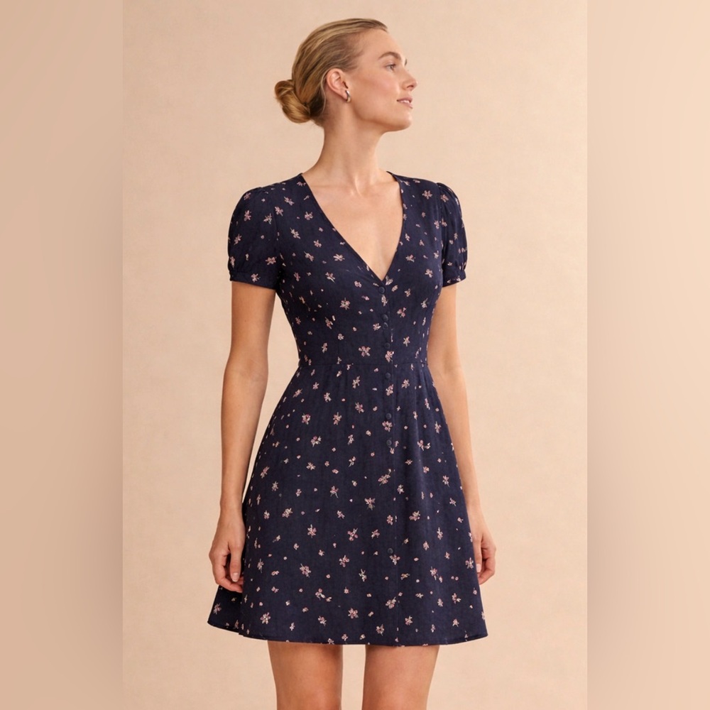 Cotton On Women's Short Sleeve Crepe V Neck Skater Dress Navy Sz XS floral ditsy